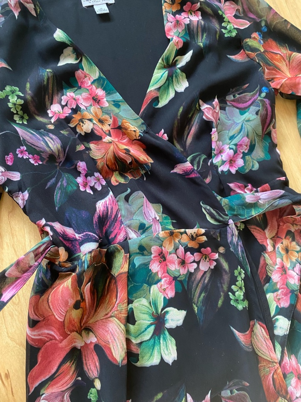 New York & Company Black Dress with Pink and Teal Floral Accents